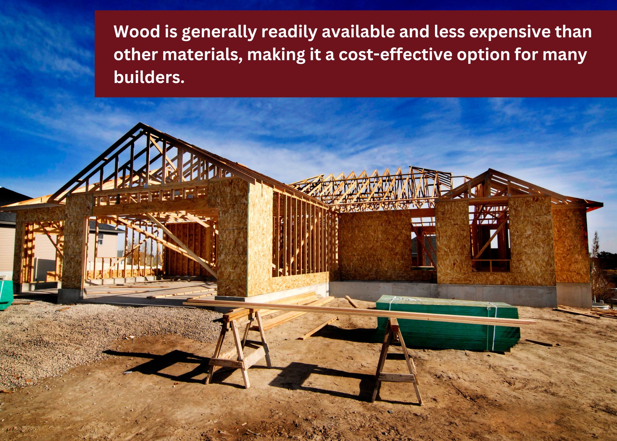 Wood is generally readily available and less expensive than other materials, making it a cost-effective option for many builders.