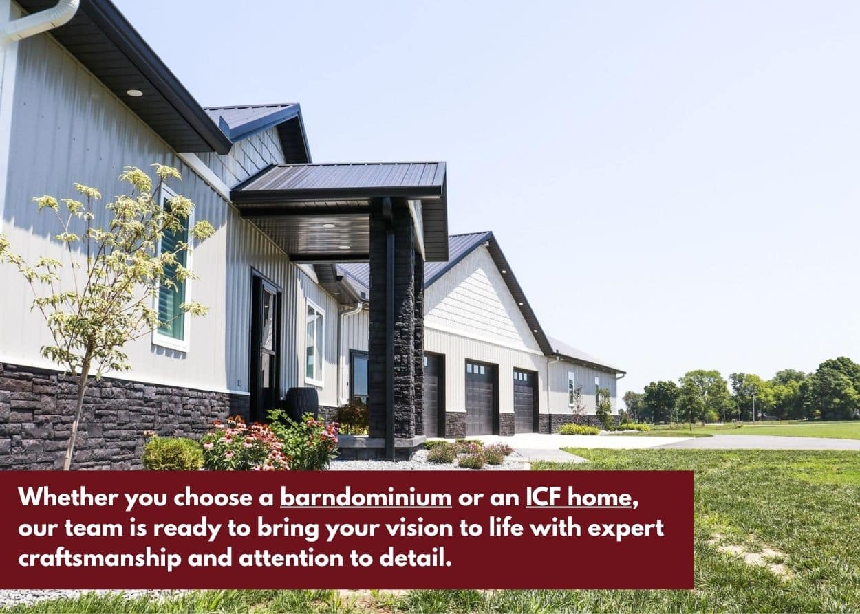 Custom barndominium home showcasing craftsmanship and design flexibility by K Graber. Caption: Whether you choose a barndominium or an ICF home, our team is ready to bring your vision to life with expert craftsmanship and attention to detail.