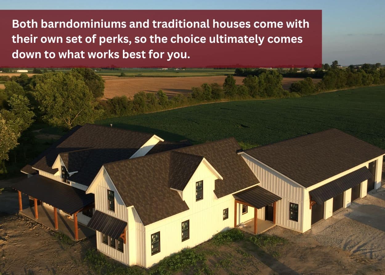Aerial view of a large rural property with a barndominium-style home and surrounding farmland.