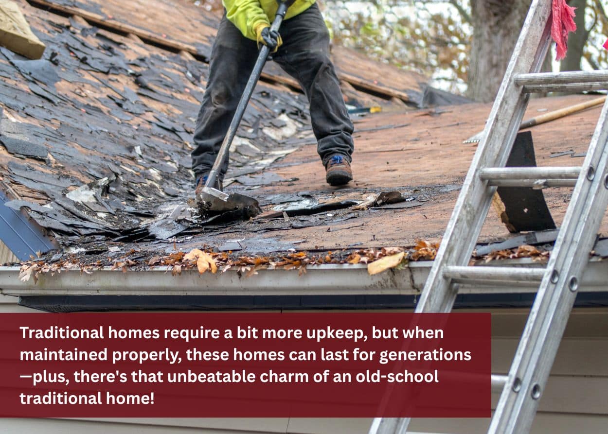 Worker removing old shingles from a traditional house roof during maintenance or repair.