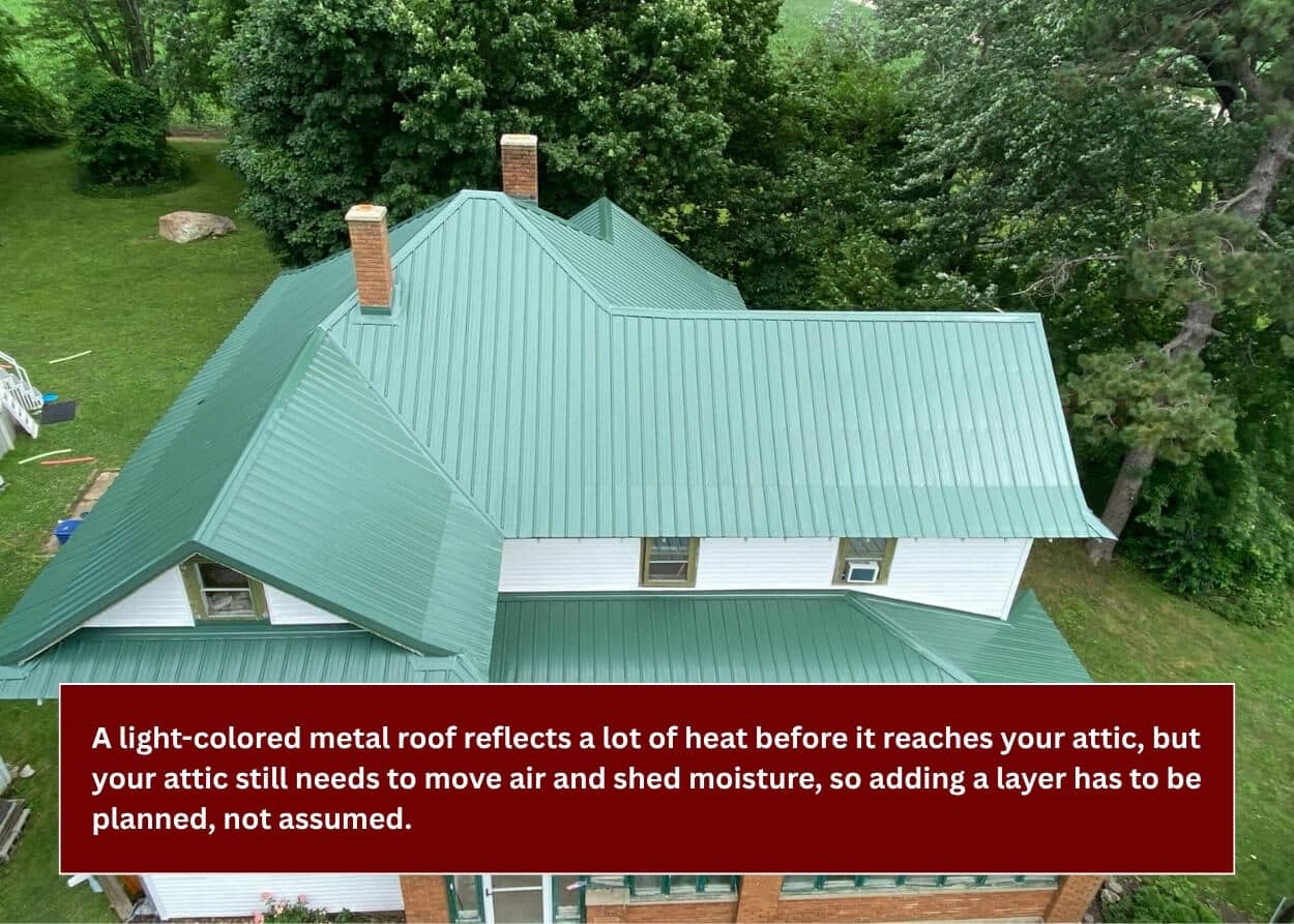 Light green standing seam metal roof installed on a multi-level home
