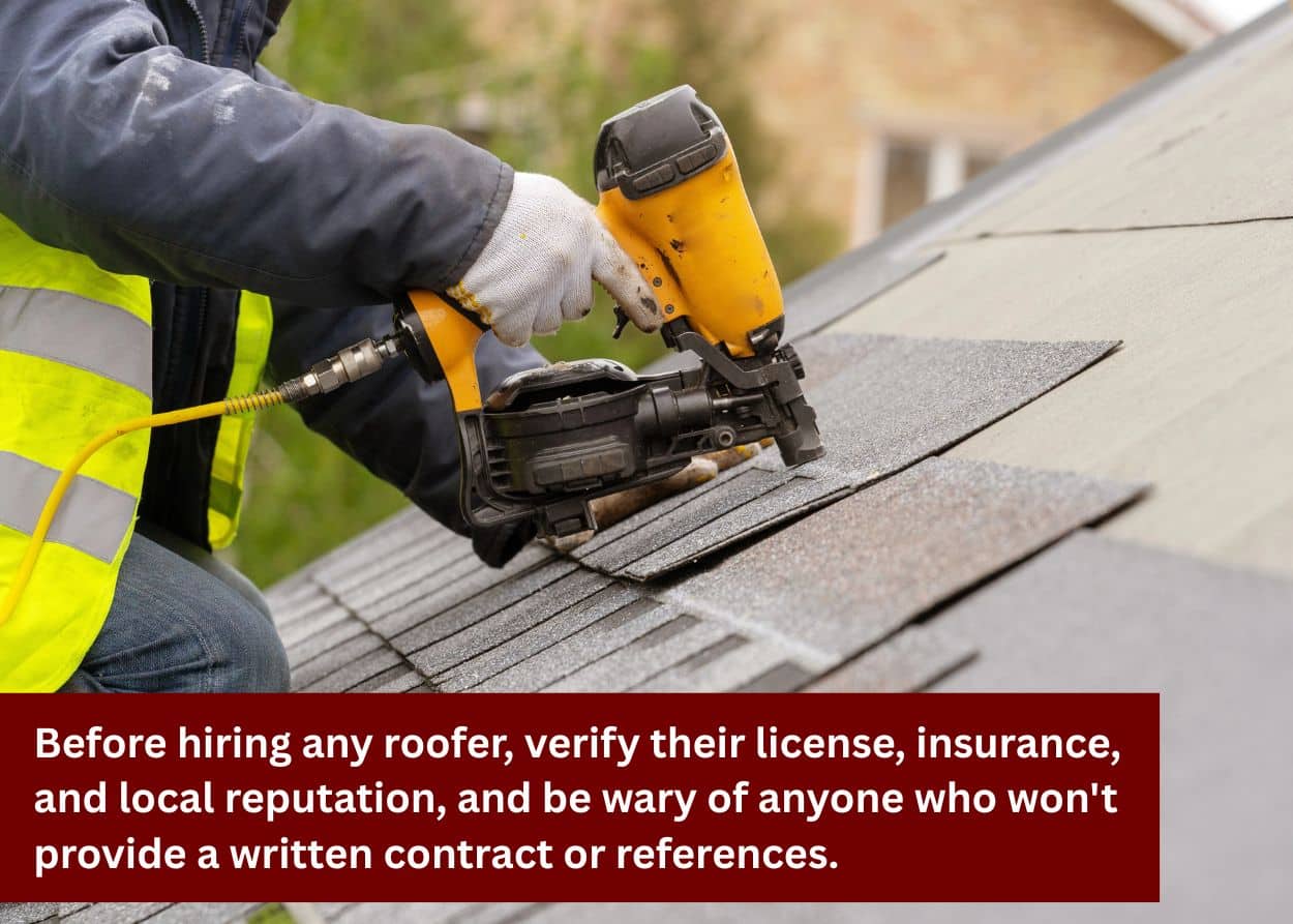 Roofing contractor installing asphalt shingles with a pneumatic nail gun during a residential roof replacement.